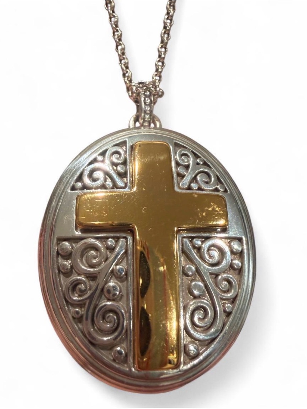 Brighton Gold Cross on Silver Filigree Oval Locket Necklace